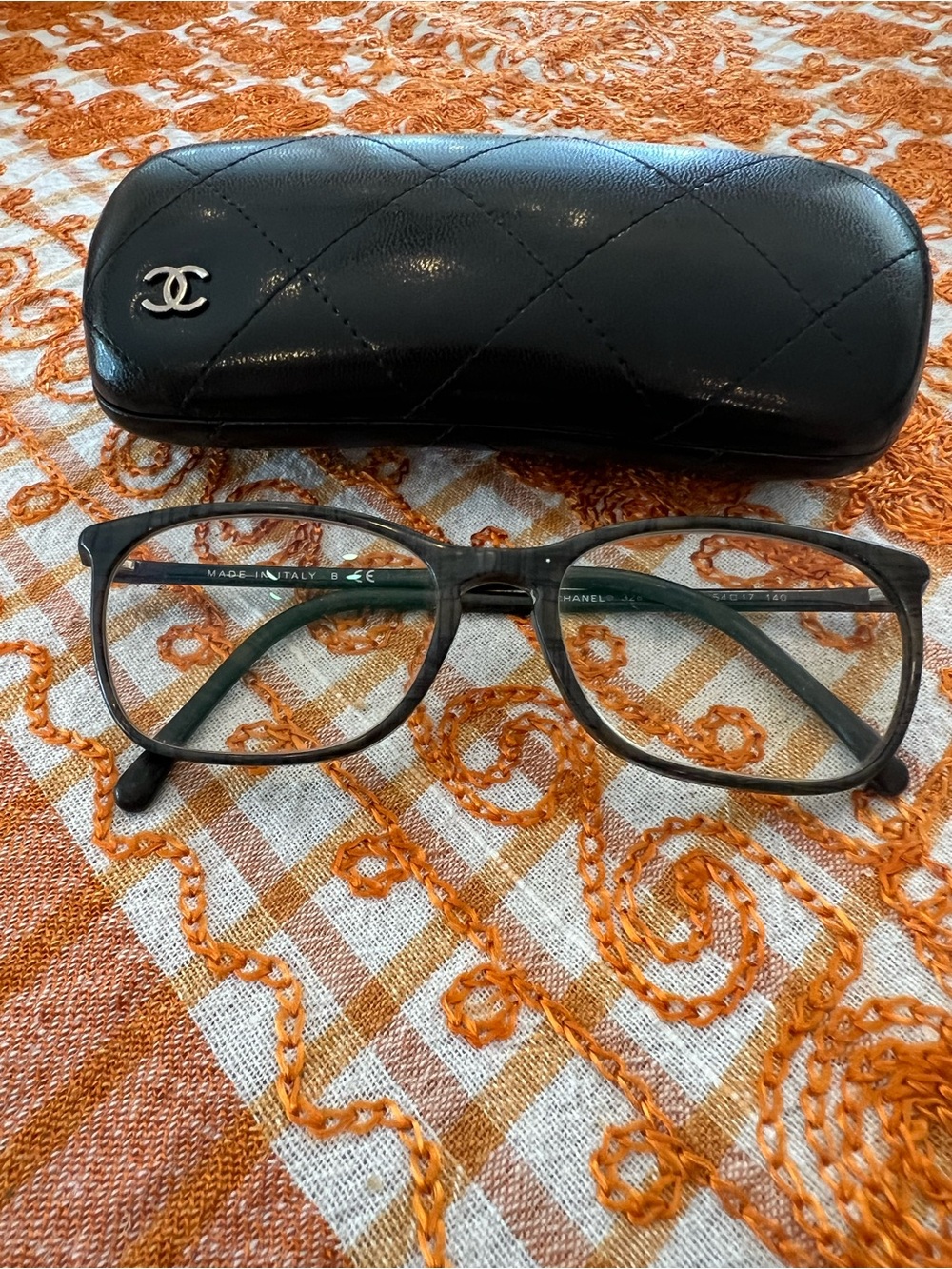 CHANEL Black and Gray Optical Glasses with Quilted Case